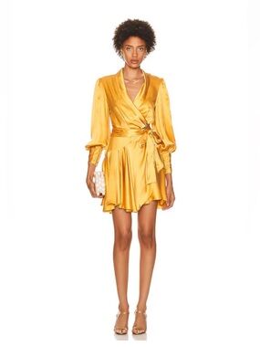NWT Zimmermann GOLD Yellow Silk Long Sleeve Wrap Dress